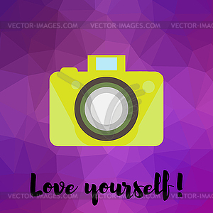 Camera on polygonal art background. Love yourself - vector image