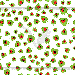 Бесшовный узор. Красная божья коровка и зеленый лист - векторное графическое изображение