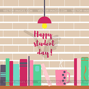 Pile of books and tea. Happy student day - vector image