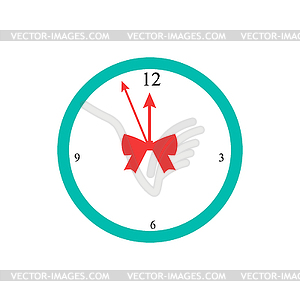 Round clock with red bow. . symbol of Christmas. Ne - vector clipart