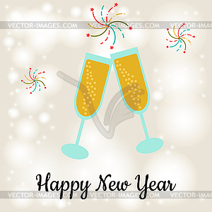 Card Happy new year. Two glasses with champagne on - vector clipart