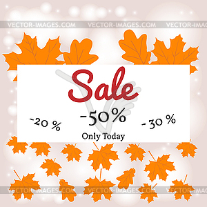 Осенняя распродажа баннер. -50 -30 и падающая осень - изображение в векторном виде