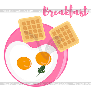 Scrambled eggs for breakfast and Belgian waffles - vector clipart