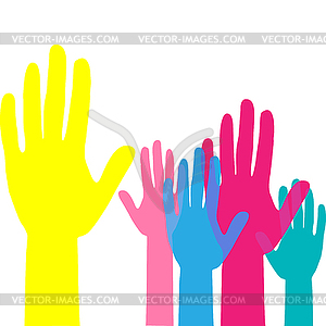 Colorful up hands. Raised hands volunteering. team - vector image