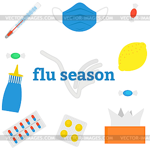 Сезонная простуда или грипп. Набор плоских изображений - векторизованное изображение