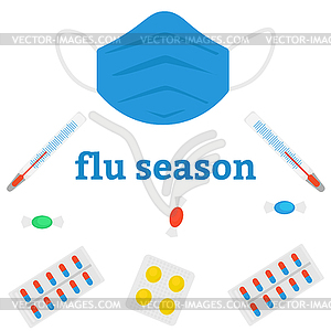 Сезонная простуда или грипп. Набор плоских изображений - векторный графический клипарт