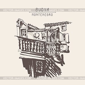 Sketching of historical building in Budva - color vector clipart