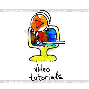 Sketch watercolor icon of video tutorials, - vector clip art