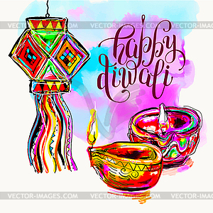 Happy Diwali watercolor greeting card to indian fir - vector image