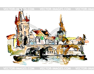 Watercolor freehand sketch drawing of Prague Czech - vector clipart