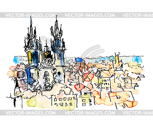 Watercolor freehand sketch drawing of Prague Czech - vector image