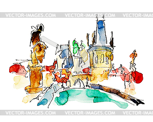 Watercolor freehand sketch drawing of Prague Czech - vector clipart