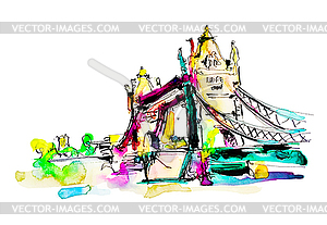 Watercolor sketch painting of Tower Bridge in Londo - stock vector clipart