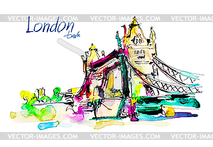 Watercolor sketch painting of Tower Bridge in Londo - vector clipart