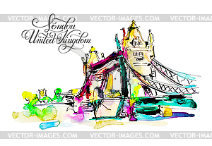 Watercolor sketch painting of Tower Bridge in Londo - vector image