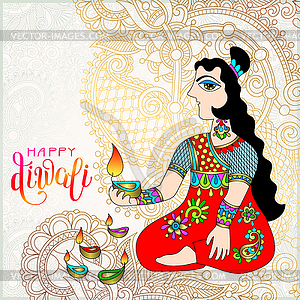 Happy Diwali gold greeting card with ethnic women - vector clip art