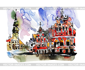 Watercolor sketch painting of old town Riga Latvia - vector clipart