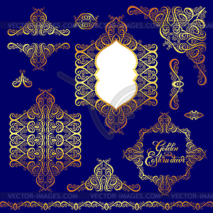 Set of floral golden eastern decor frame elements, - vector image