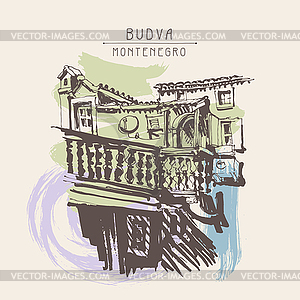 Sketching of historical building in Budva - vector clipart