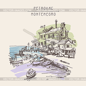 Sepia ink sketch drawing of ancient fort in Petrova - vector clipart