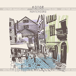 Sketch drawing of Kotor street Montenegro, vintage - vector clip art