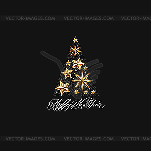 Gold stars christmas tree with hand lettering - vector clipart