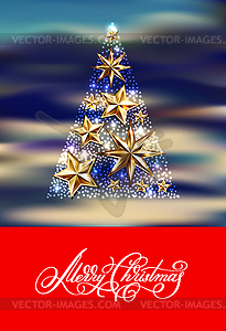 Gold stars christmas tree with hand lettering - vector clip art