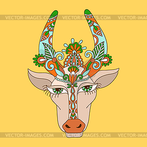 Line decorative drawing of indian cow head, floral - vector clipart