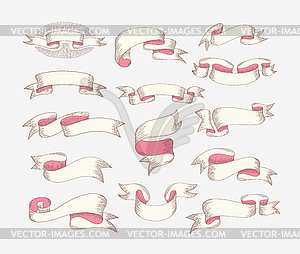 Hand drawing ribbon set in engraving old vintage - stock vector clipart