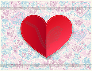 Valentines day red paper hand drawing on heart shap - vector image