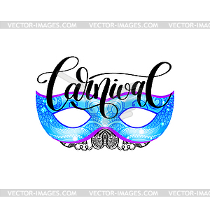 Carnival lettering logo design with mask and hand - vector clip art