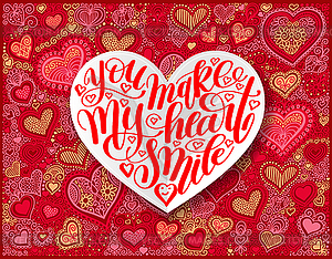 You make my heart smile calligraphy design on red - color vector clipart