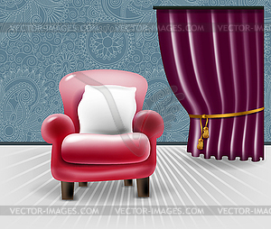 Red leather chair with white pillow in floral - vector image