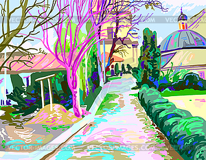 Digital painting of rural landscape, contemporary - vector clipart