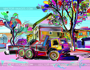 Digital painting of rural landscape with car - vector image