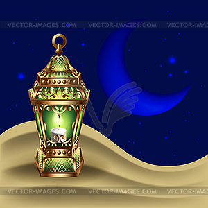 Night background with vintage gold lantern - vector clipart