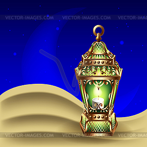 Night background with vintage gold lantern - vector image