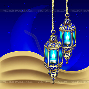 Night background with vintage gold lantern - vector image