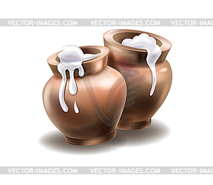 Two realistic clay pots with sour cream - vector clip art