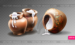 Three realistic clay pots with sour cream - vector clipart / vector image