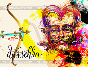 Happy dussehra poster design with portrait of demon - vector image