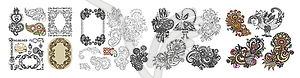 Black line art ornate flower design collection, - vector clipart