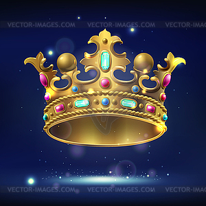 Realistic gold crown with precious stones - vector clipart