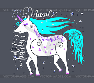 Magic party poster with unicorn and hand letterin - vector clipart