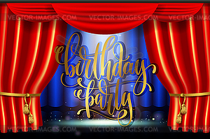 Birthday party hand gold lettering poster on stage - vector image