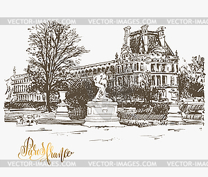 Drawing of Louvre, Paris, France with golden hand - vector clipart