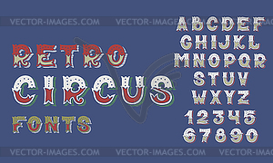 Doodle retro circus fonts and numbers alphabet - vector image