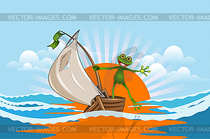 Merry Frog on Boat in Sea - vector clipart