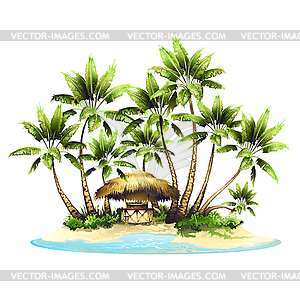 Tropical bungalow bar on island in ocean - vector image
