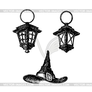 Lamp and witch hat - vector image